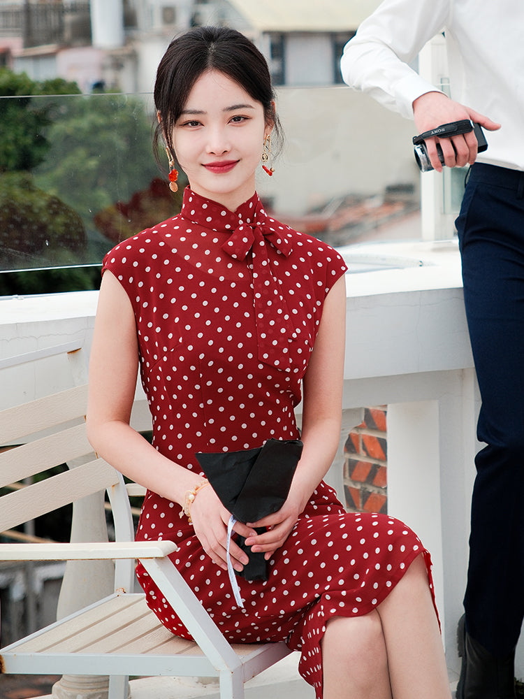 dark red polka dot|Modern one-Pieces Qipao Dress(舒萌)