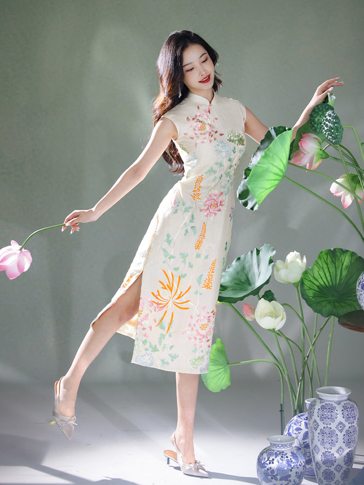 Colorful Lotus Flower Cotton and Linen Embroidery|Modern one-Pieces Qipao Dress(菡裳)