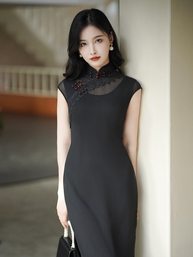 Refined Ink Black Sophistication | Modern one-Pieces Qipao Dress (扶芳)