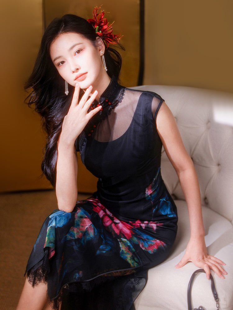 Black Ground with Floral Motifs | Modern one-Pieces Qipao Dress(晚俪)