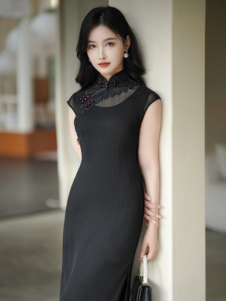 Refined Ink Black Sophistication | Modern one-Pieces Qipao Dress (扶芳)