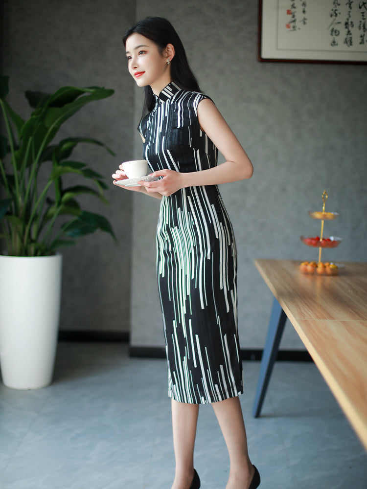 black and white stripes|Modern one-Pieces Qipao Dress(香嵩)