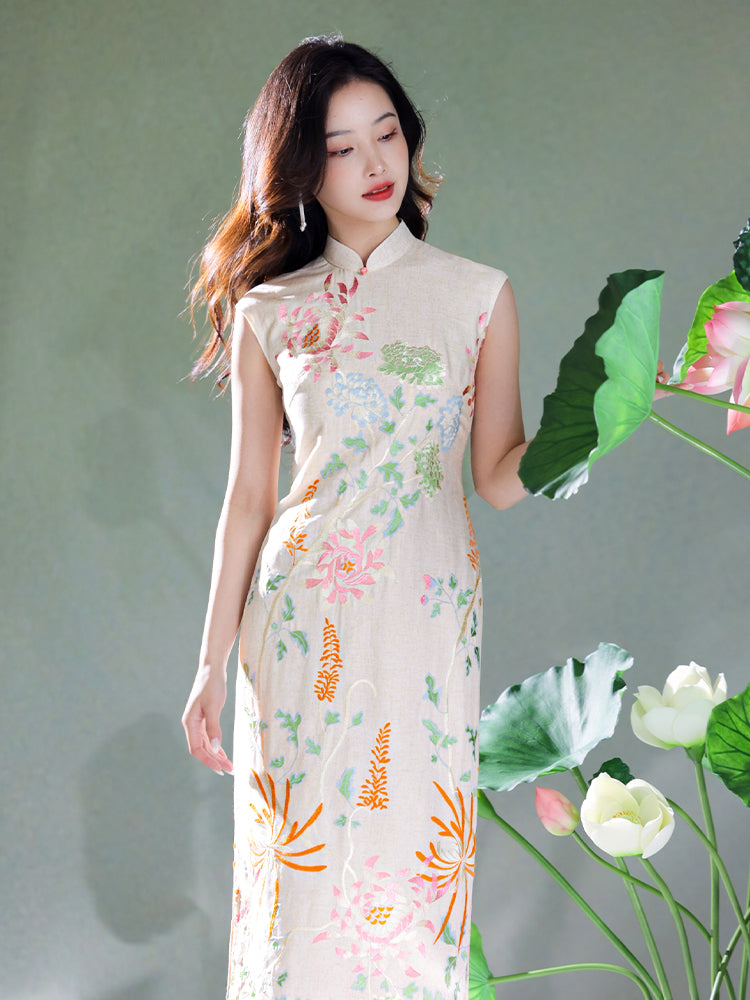 Colorful Lotus Flower Cotton and Linen Embroidery|Modern one-Pieces Qipao Dress(菡裳)