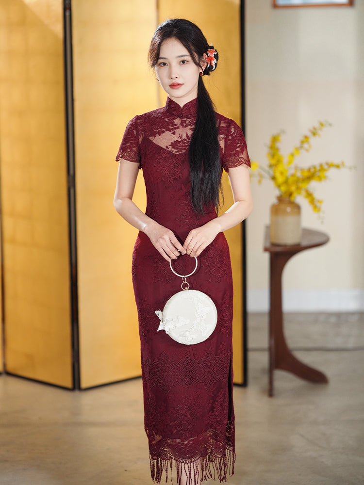 Burgundy Lace Embroidery | Modern one-Pieces Qipao Dress(绯颜)