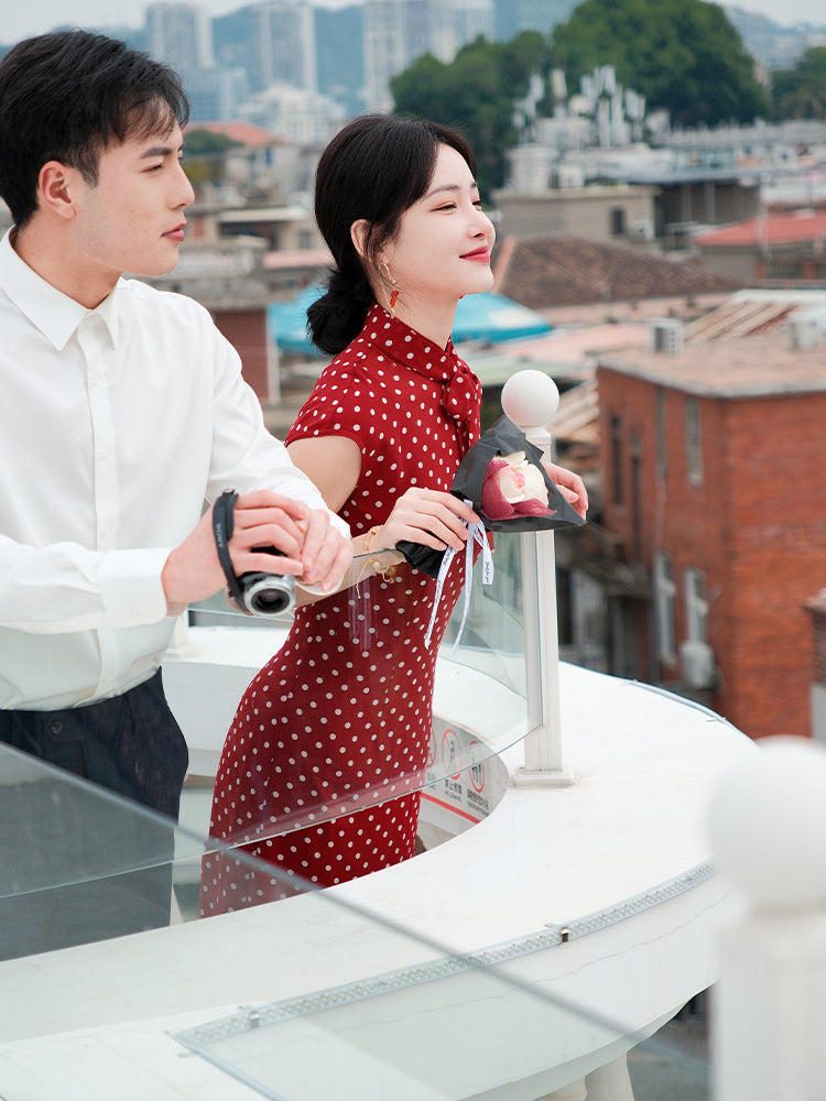 dark red polka dot|Modern one-Pieces Qipao Dress(舒萌)