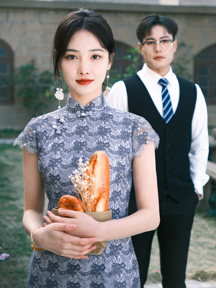 Dusty Blue Elastic Lace | Modern one-Pieces Qipao Dress(兰若)