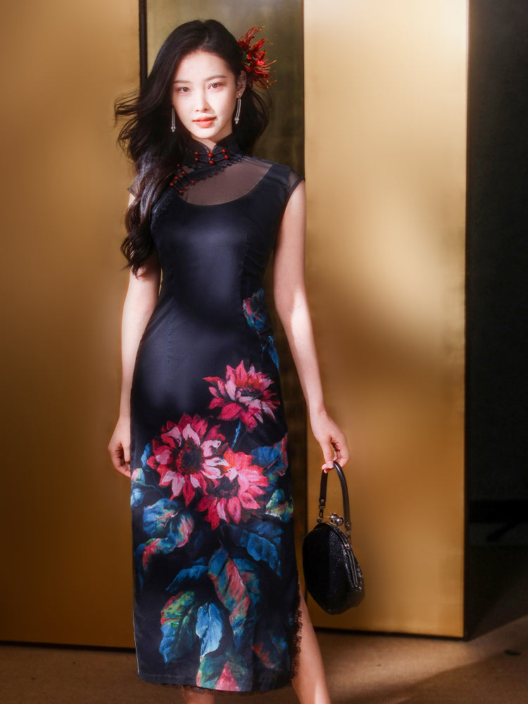 Black Ground with Floral Motifs | Modern one-Pieces Qipao Dress(晚俪)