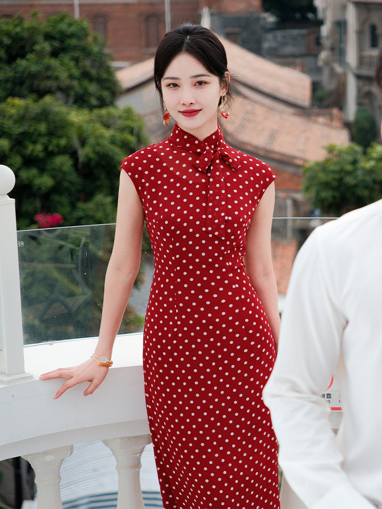 dark red polka dot|Modern one-Pieces Qipao Dress(舒萌)
