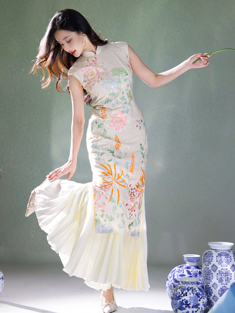 Colorful Lotus Flower Cotton and Linen Embroidery|Modern one-Pieces Qipao Dress(菡裳)