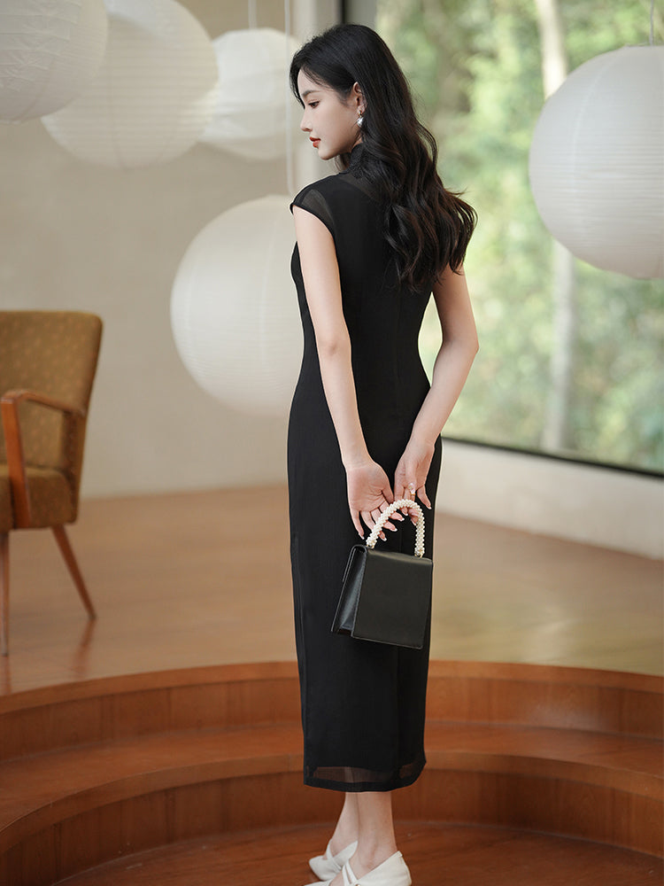 Refined Ink Black Sophistication | Modern one-Pieces Qipao Dress (扶芳)