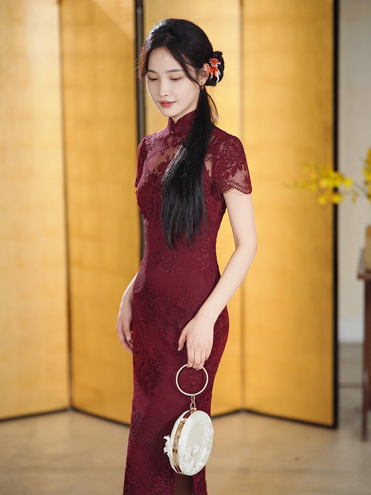 Burgundy Lace Embroidery | Modern one-Pieces Qipao Dress(绯颜)