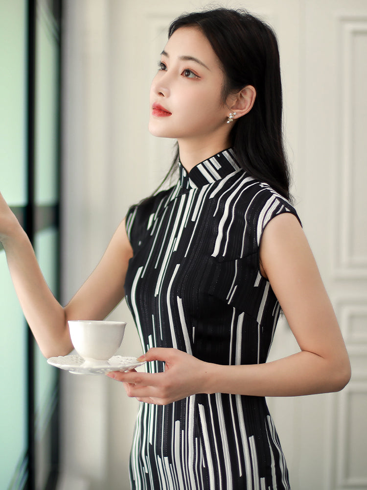 black and white stripes|Modern one-Pieces Qipao Dress(香嵩)