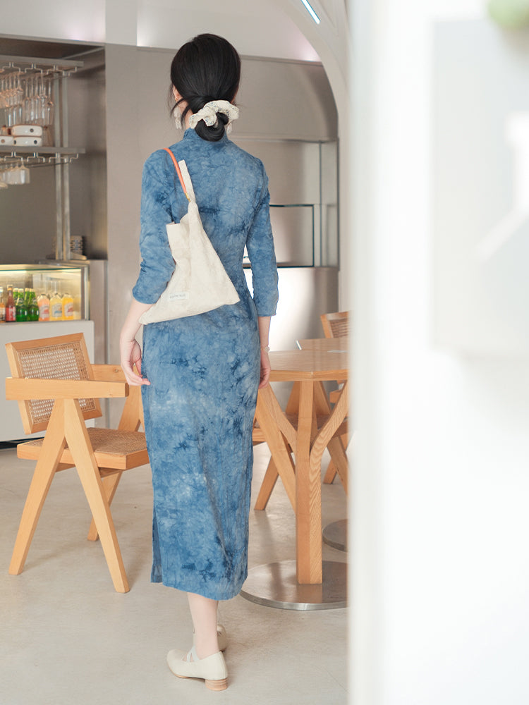Indigo Cotton-Linen Tie-Dye | Modern one-Pieces Qipao Dress(清宇)