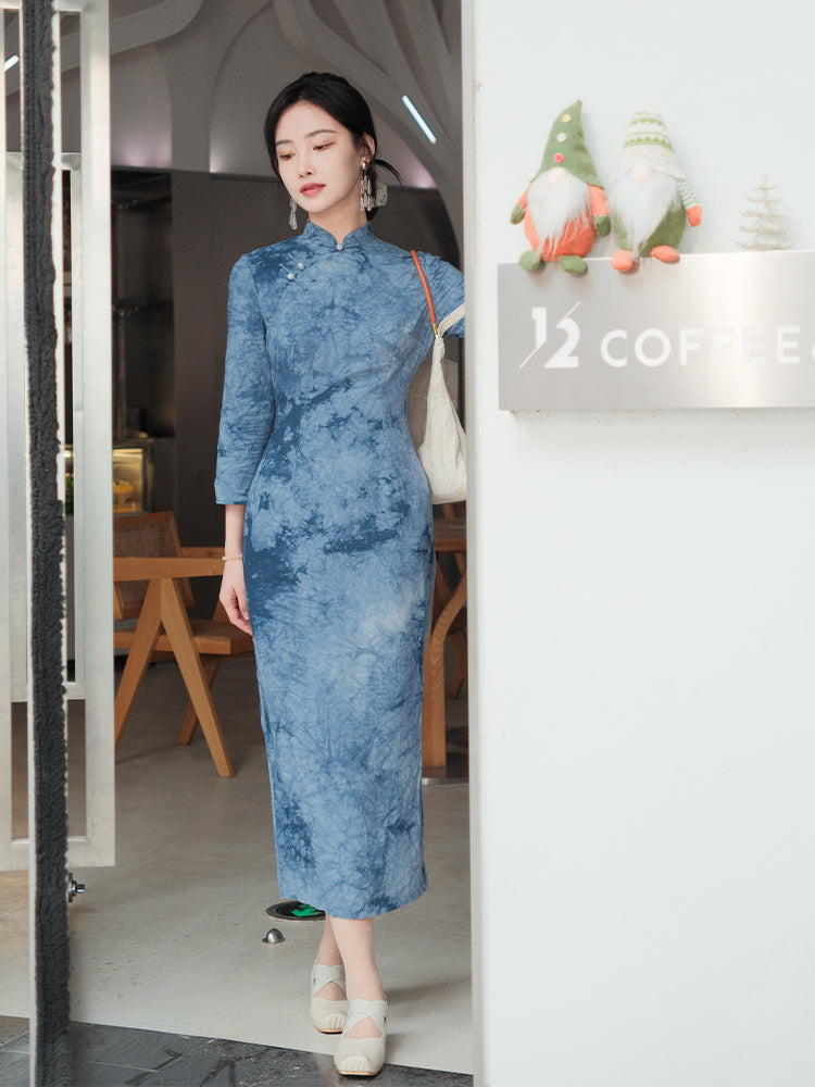 Indigo Cotton-Linen Tie-Dye | Modern one-Pieces Qipao Dress(清宇)