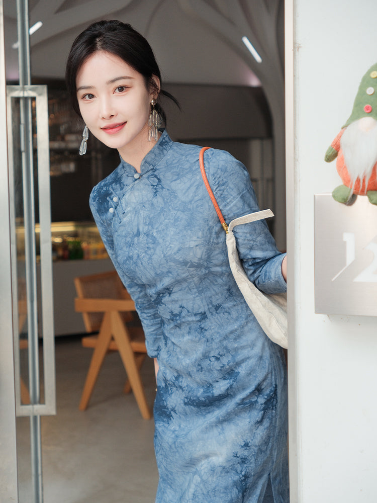 Indigo Cotton-Linen Tie-Dye | Modern one-Pieces Qipao Dress(清宇)