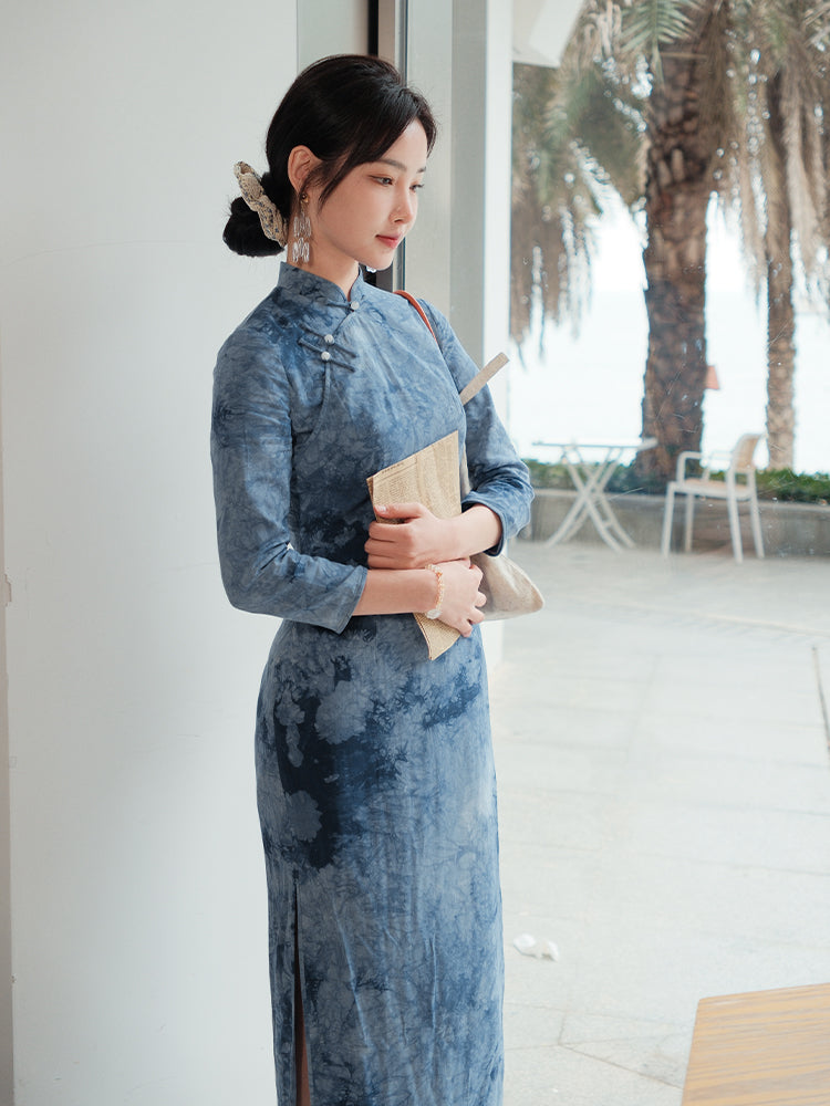 Indigo Cotton-Linen Tie-Dye | Modern one-Pieces Qipao Dress(清宇)
