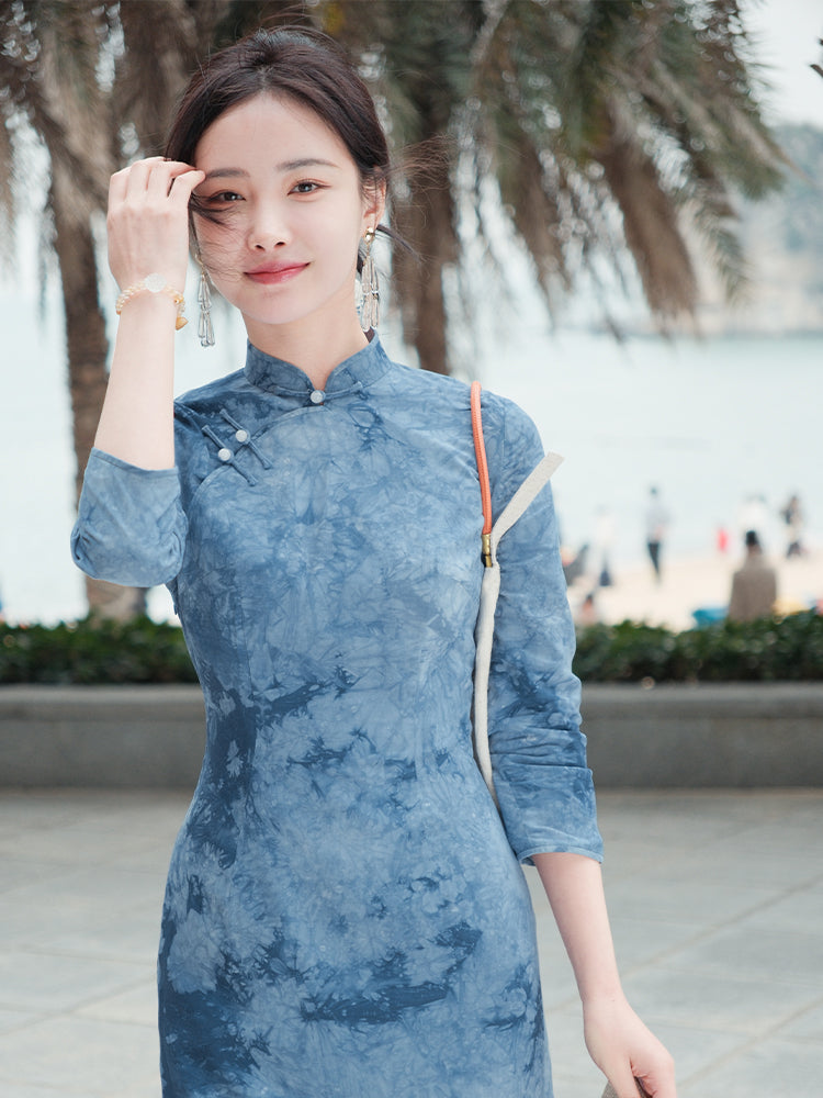 Indigo Cotton-Linen Tie-Dye | Modern one-Pieces Qipao Dress(清宇)