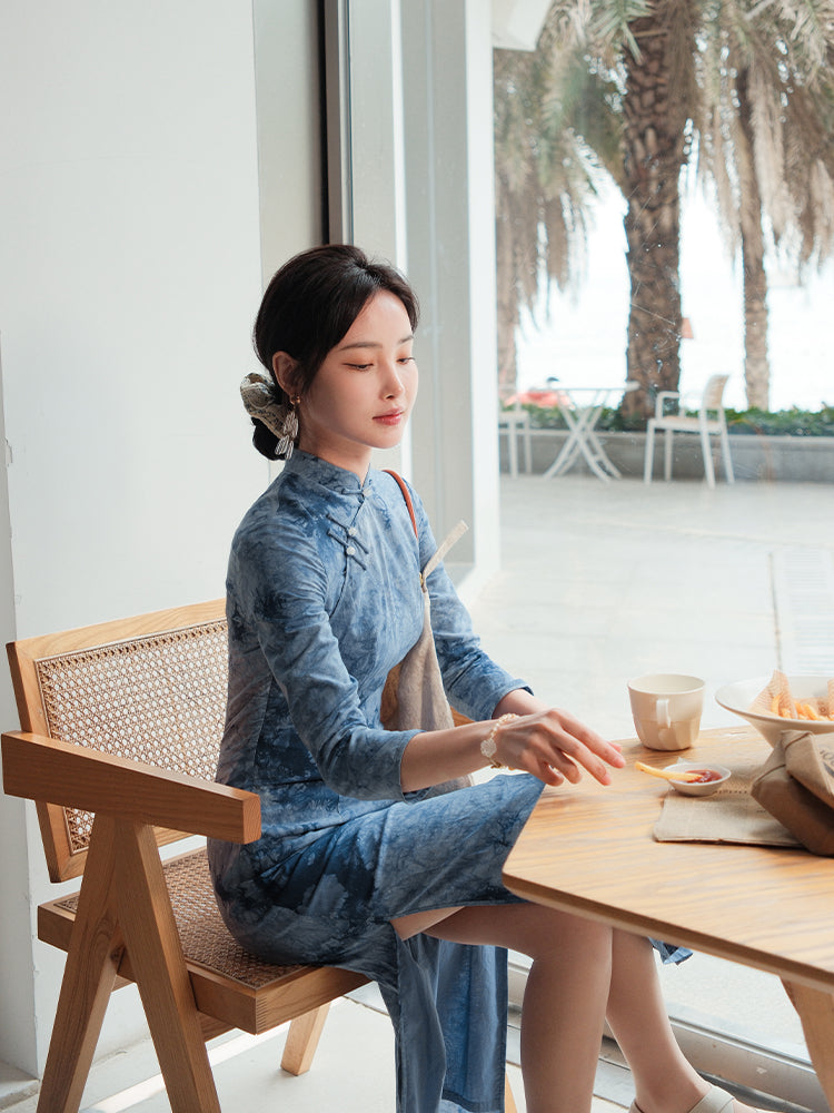 Indigo Cotton-Linen Tie-Dye | Modern one-Pieces Qipao Dress(清宇)