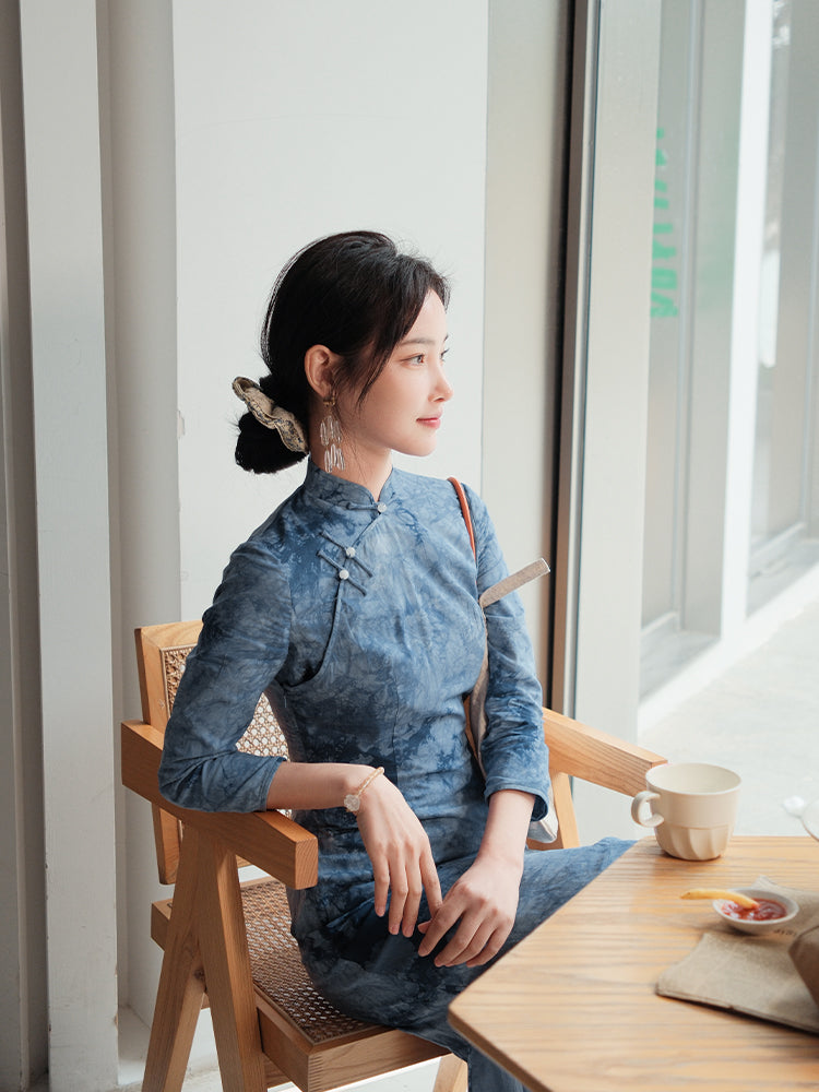 Indigo Cotton-Linen Tie-Dye | Modern one-Pieces Qipao Dress(清宇)