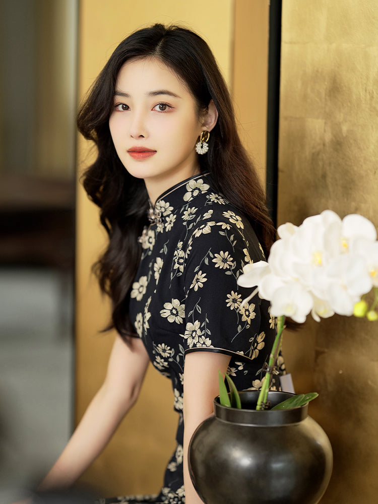 Blue cloth print|Modern one-Pieces Qipao Dress(幽荷)