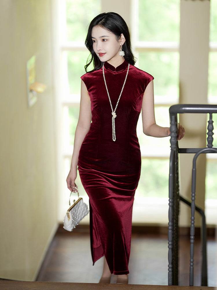 Deep Wine Crushed Velvet| Modern one-Pieces Qipao Dress(静沐) - E·Beauty
