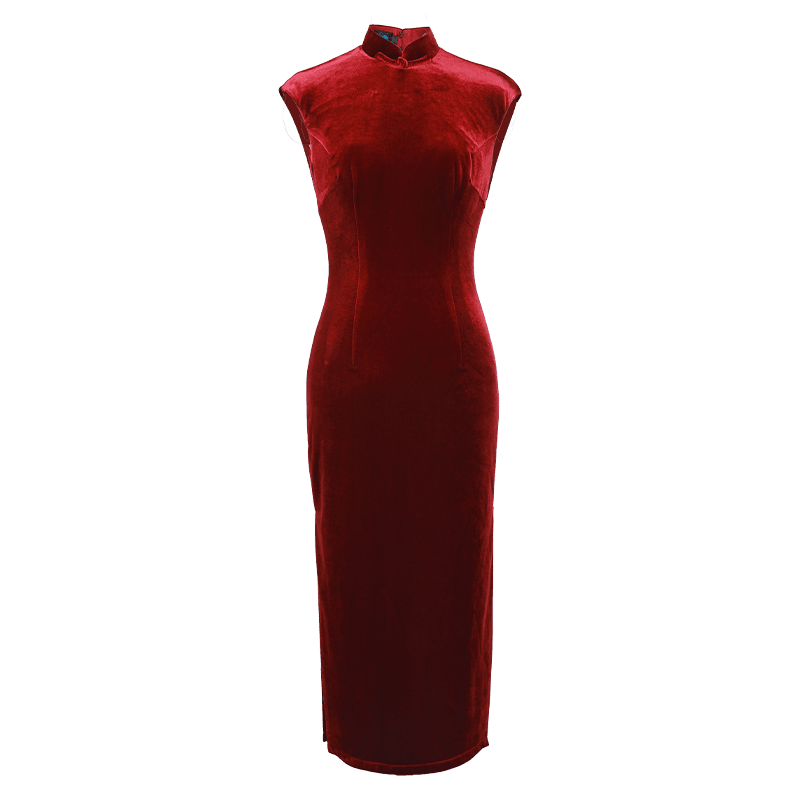 Deep Wine Crushed Velvet| Modern one-Pieces Qipao Dress(静沐) - E·Beauty