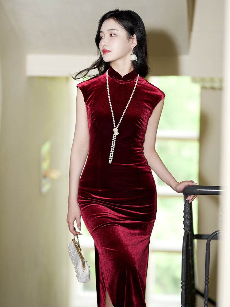 Deep Wine Crushed Velvet| Modern one-Pieces Qipao Dress(静沐) - E·Beauty