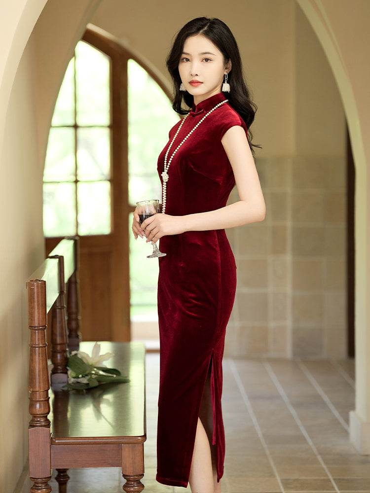 Deep Wine Crushed Velvet| Modern one-Pieces Qipao Dress(静沐) - E·Beauty