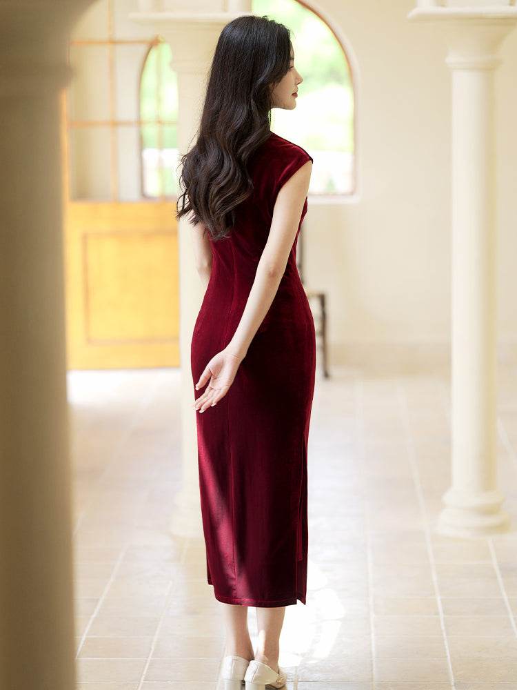 Deep Wine Crushed Velvet| Modern one-Pieces Qipao Dress(静沐) - E·Beauty