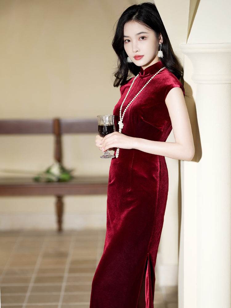 Deep Wine Crushed Velvet| Modern one-Pieces Qipao Dress(静沐) - E·Beauty