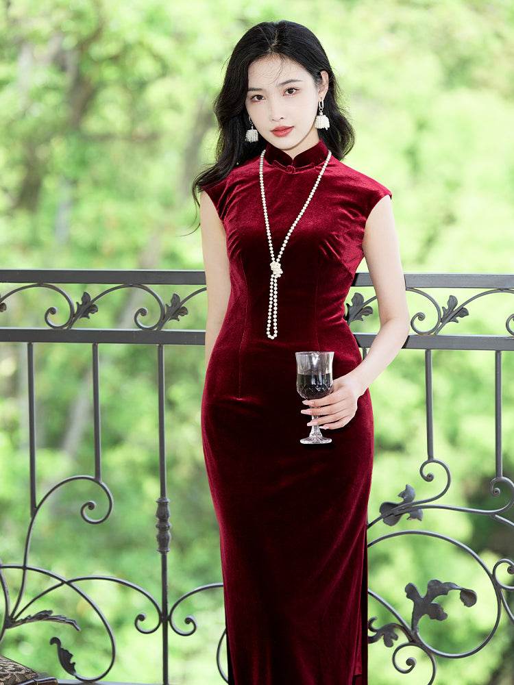 Deep Wine Crushed Velvet| Modern one-Pieces Qipao Dress(静沐) - E·Beauty