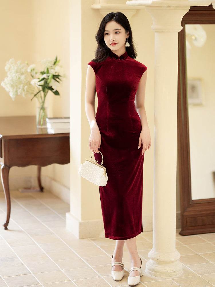 Deep Wine Crushed Velvet| Modern one-Pieces Qipao Dress(静沐) - E·Beauty