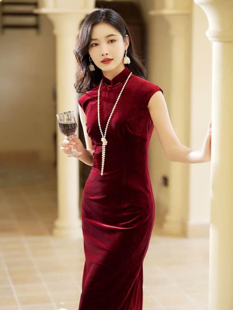 Deep Wine Crushed Velvet| Modern one-Pieces Qipao Dress(静沐) - E·Beauty
