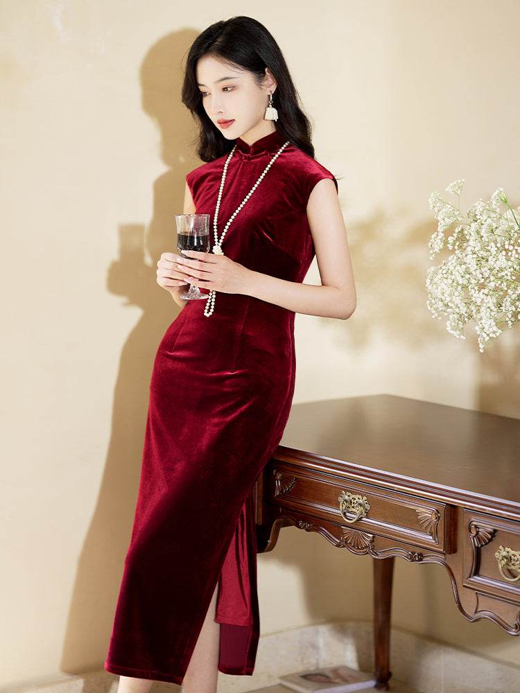 Deep Wine Crushed Velvet| Modern one-Pieces Qipao Dress(静沐) - E·Beauty