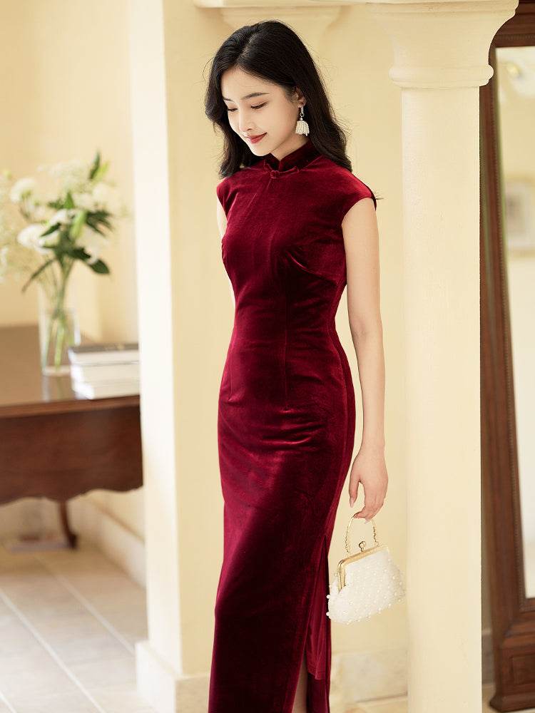 Deep Wine Crushed Velvet| Modern one-Pieces Qipao Dress(静沐) - E·Beauty