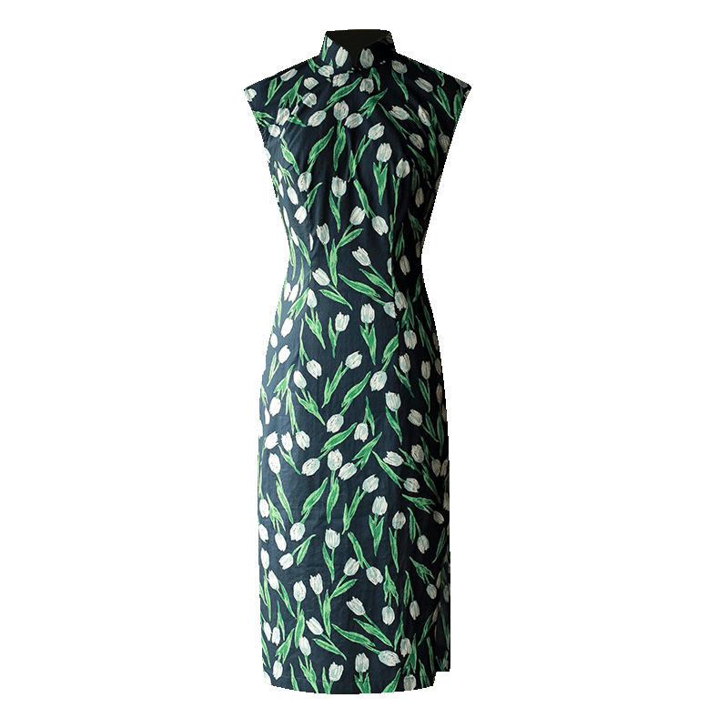 White tulip pattern| Modern one-Pieces Qipao Dress(沁心) - E·Beauty