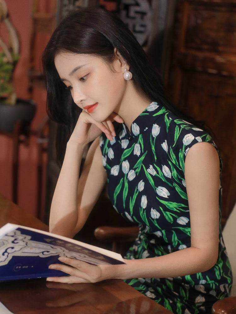 White tulip pattern| Modern one-Pieces Qipao Dress(沁心) - E·Beauty