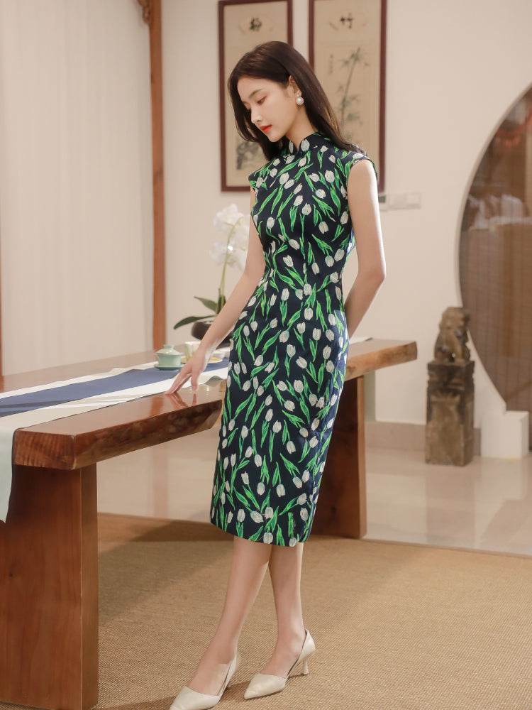 White tulip pattern| Modern one-Pieces Qipao Dress(沁心) - E·Beauty