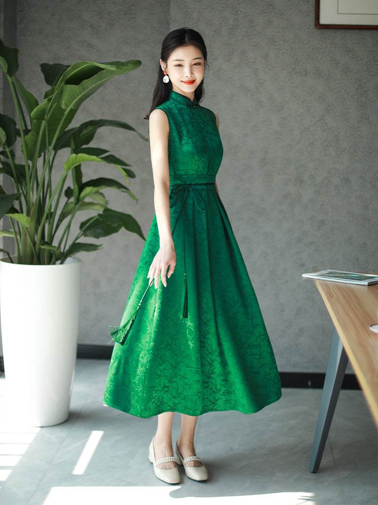 Couture-grade emerald acetate twill | Full-length flared skirt(雀华) - E·Beauty