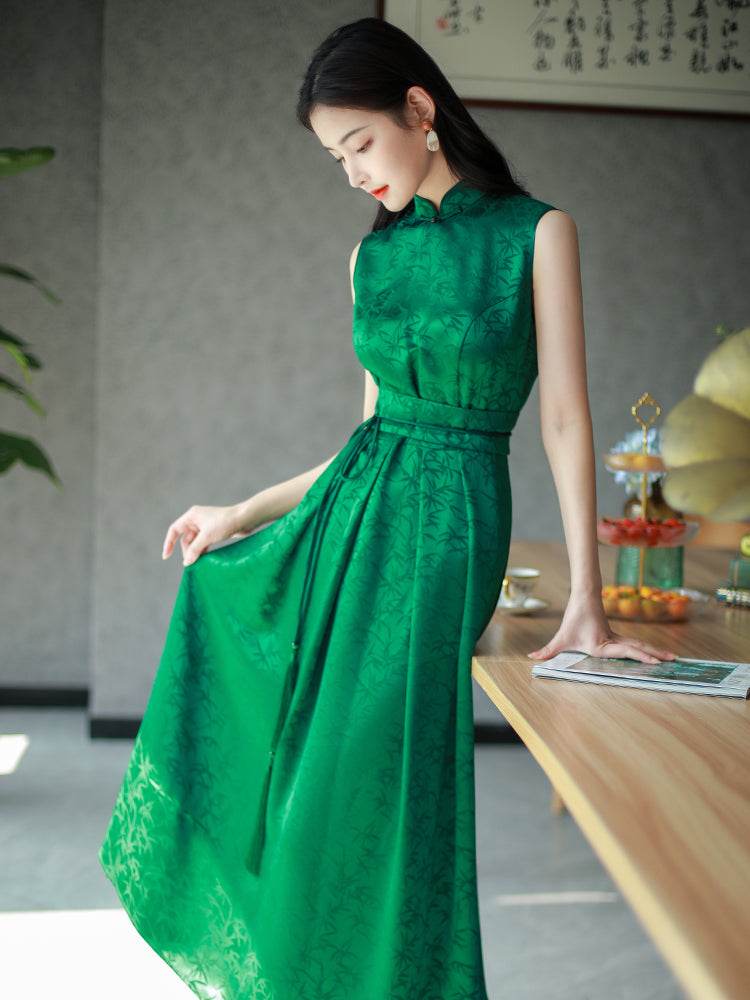 Couture-grade emerald acetate twill | Full-length flared skirt(雀华) - E·Beauty