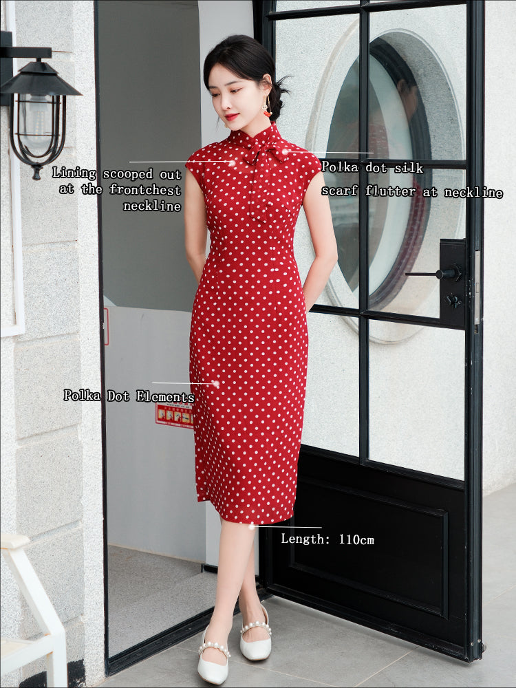 dark red polka dot|Modern one-Pieces Qipao Dress(舒萌)