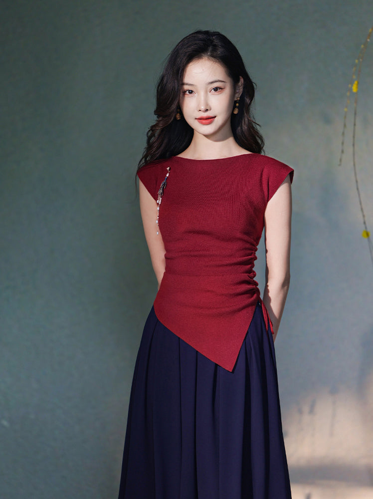 Frosted Acetate Wool Shirred Boatneck | Neo-Chinese Top(博初)