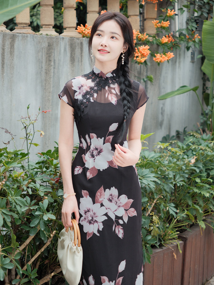 Black Printed Chiffon | Modern one-Pieces Qipao Dress (楚黛)