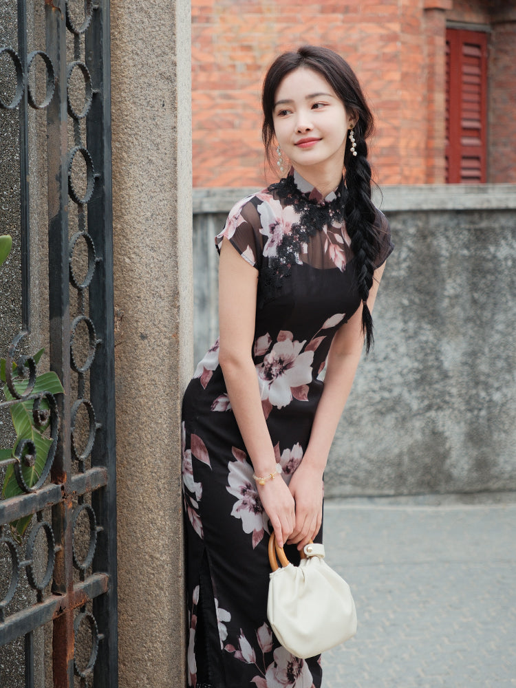 Black Printed Chiffon | Modern one-Pieces Qipao Dress (楚黛)