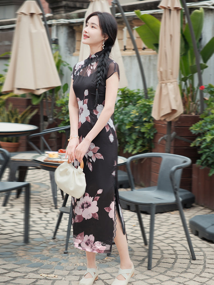Black Printed Chiffon | Modern one-Pieces Qipao Dress (楚黛)