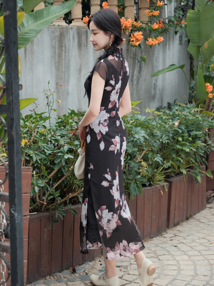 Black Printed Chiffon | Modern one-Pieces Qipao Dress (楚黛)