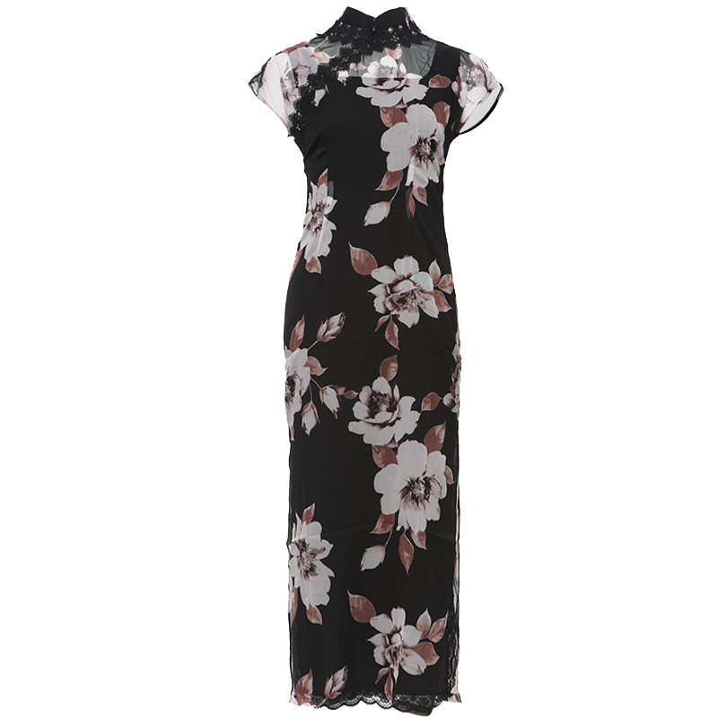 Black Printed Chiffon | Modern one-Pieces Qipao Dress (楚黛)