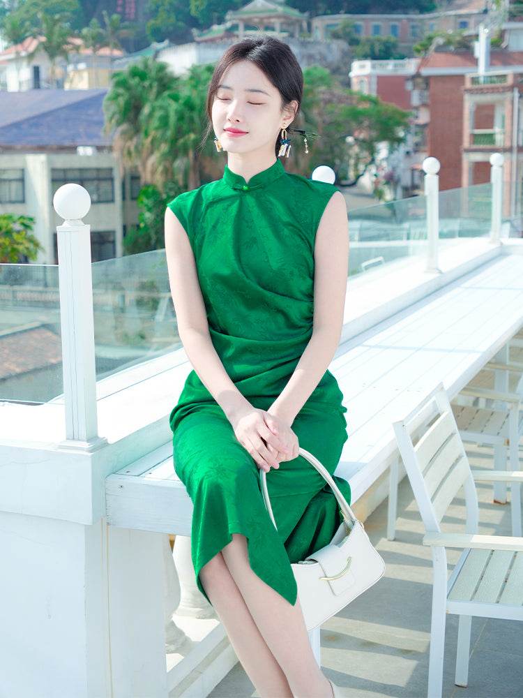 Green acetate jacquard fabric| Modern one-Pieces Qipao Dress(翠微) - E·Beauty
