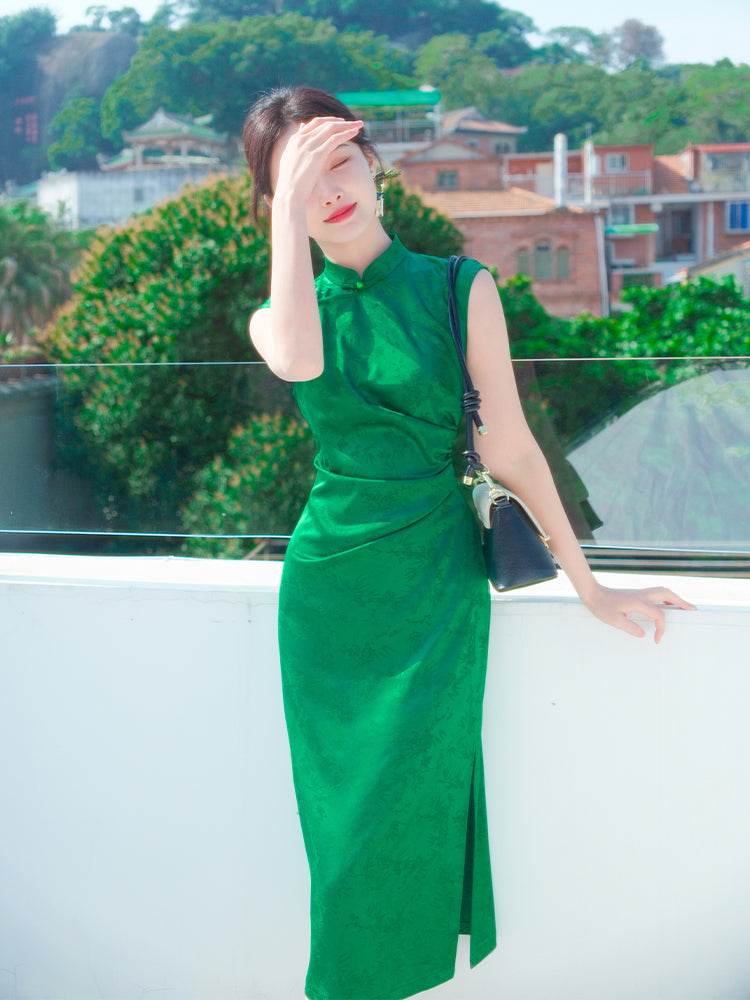 Green acetate jacquard fabric| Modern one-Pieces Qipao Dress(翠微) - E·Beauty
