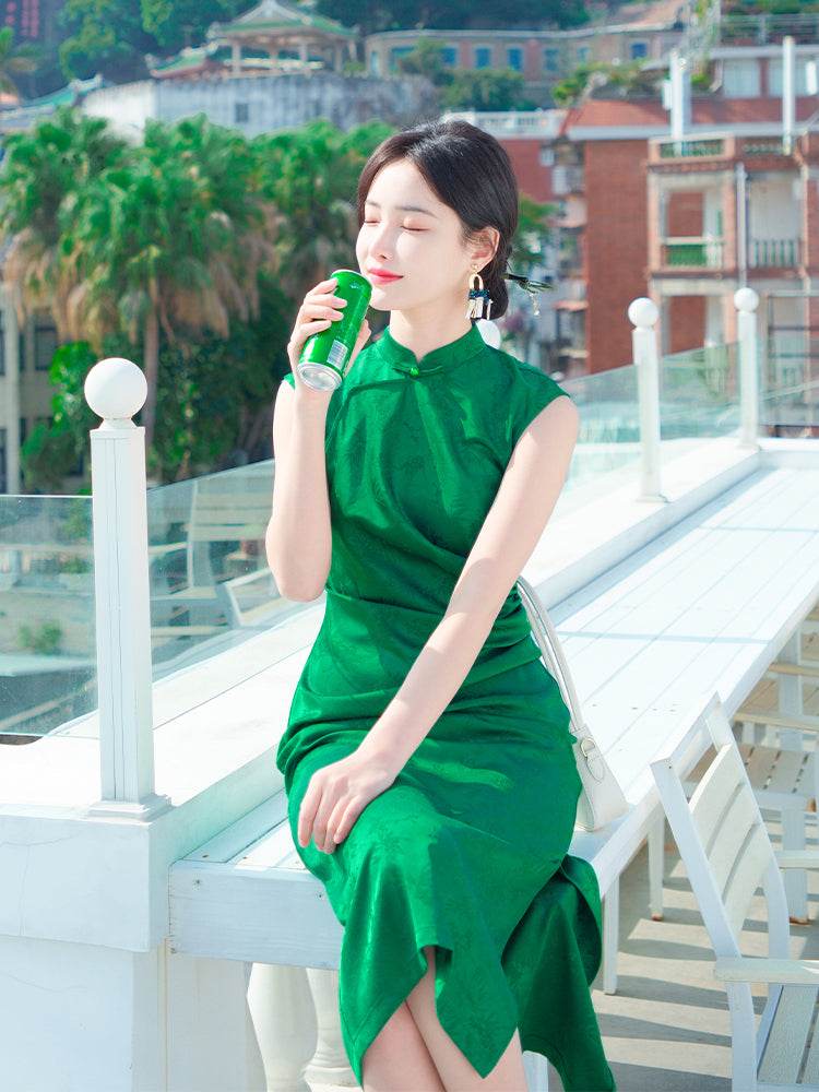 Green acetate jacquard fabric| Modern one-Pieces Qipao Dress(翠微) - E·Beauty